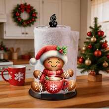 2D Flat Christmas Hat Red Scarf Gingerbread Man & Hot Drink Cup Printed Paper Towel Holder, Acrylic Material Vertical Roll Paper Storage Rack, Kitchen Dining Table Decor Ornament, Easy Installation, Suitable For Christmas Party Home Room Decoration (Paper Towel Not Included) - View 1