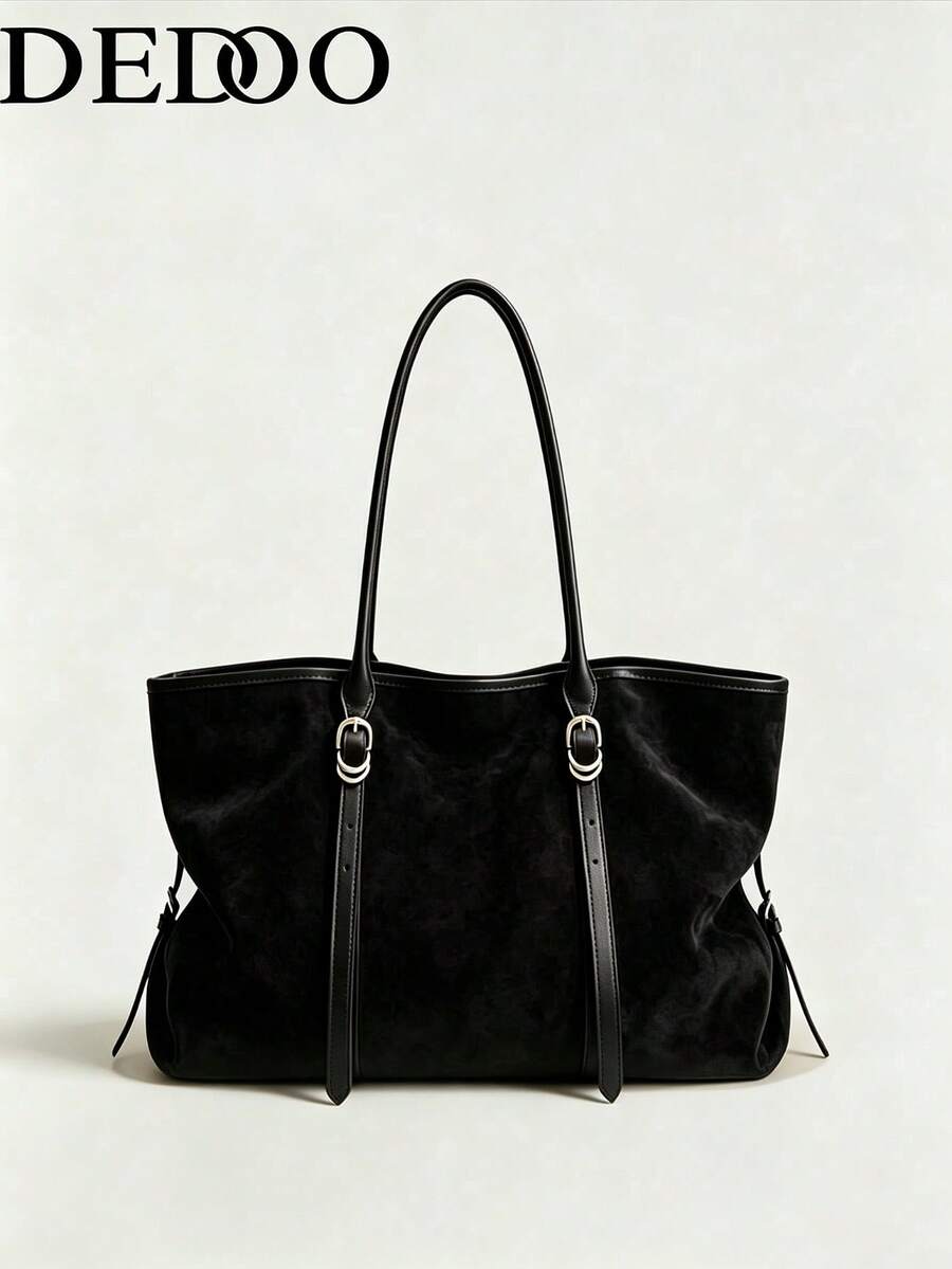 Dedoo 1 buah Tas Tote Bahu PU Warna Polos Wanita, Tas Tangan Berbentuk Kipas Vintage Kapasitas Besar, Cocok Untuk Kantor, Perjalanan, Belanja, Liburan, dan Bepergian