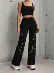 Hidkat Women's Fashion Solid Color High Waist Elastic Yoga Casual Sports Knit Long Pants - Black - View 4