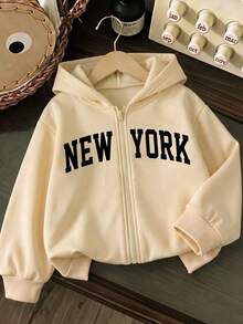 1 buah Jaket Berkerudung Resleting Motif Huruf New York untuk Anak Perempuan, Sweatshirt Kasual Lucu dan Sederhana untuk Anak Perempuan. - Aprikot - View 1