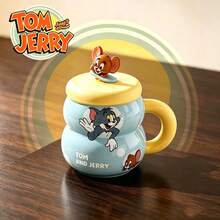 TOM AND JERRY. Cute Cartoon Gourd-Shaped Ceramic Coffee Mug With Lid, Gourd-Shaped Ceramic Cup With Lid, Home And Office Water Cup Gift - Multicolor - View 13