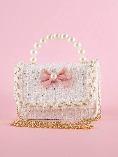 1 pieza Bolso de mano de moda para niñas con lazo, encaje, lentejuelas y material de PU con cierre de solapa, bolso de princesa casual y bandolera, adecuado para vacaciones y uso diario