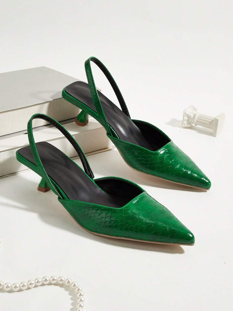 Women's Solid Color Unique Textured Design Elegant Comfortable Fashion Versatile New Pointed Toe Stiletto High Heels (Random Cut) - Green - View 1