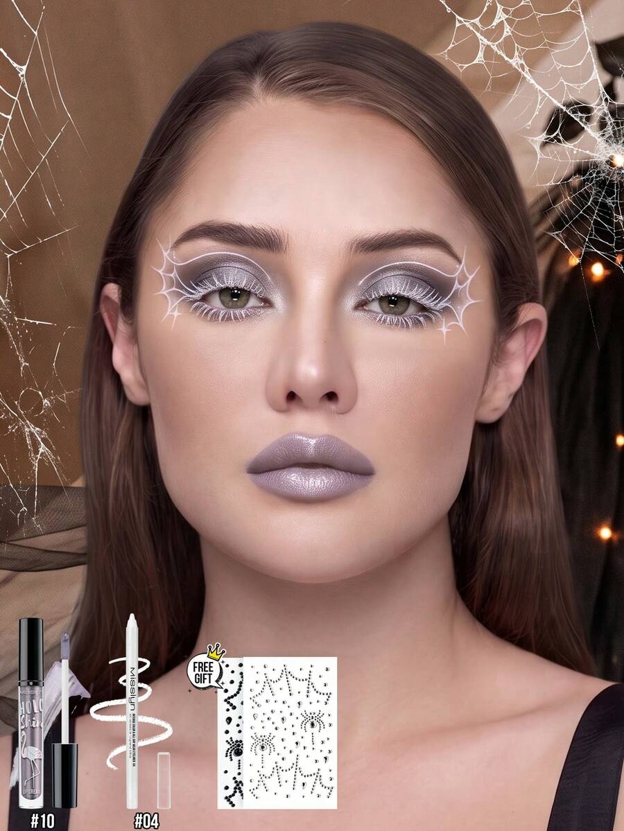 MISSLYN 2pcs Halloween Makeup Set, Long-Lasting Pigment, Create Spider Web Eye Makeup And Glossy Lavender Lip Makeup, Includes 3D Face Stickers, Suitable For Halloween Party, Women, Girls, Teens And Beginners Gift - #Set1 - View 1