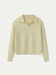 MORI 秋冬奶油黃女款 Polo 領 V 領長袖軟針織套頭上衣 學院風簡約度假外出穿搭 - 黃色 - 查看 5