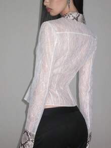 Women's Sheer Lace Snake Print Patchwork Long Sleeve Top With Collar - White - View 2