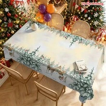 1件裝聖誕森林主題桌布，飾有雪松、馴鹿、狐狸、兔子、小屋與紅莓裝飾，適用於餐桌布置、廚房檯面裝飾、野餐露營墊、派對場景營造、農舍風裝飾、節日氛圍提升及日常桌面美化 - 彩色 - 查看 2