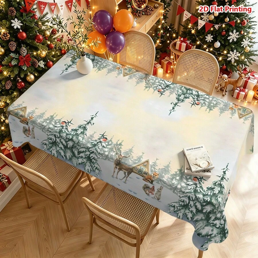 1件裝聖誕森林主題桌布，飾有雪松、馴鹿、狐狸、兔子、小屋與紅莓裝飾，適用於餐桌布置、廚房檯面裝飾、野餐露營墊、派對場景營造、農舍風裝飾、節日氛圍提升及日常桌面美化