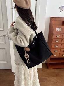 1件女款秋冬新款大容量拼色單肩托特包，時尚通勤包，適合大學、辦公室、學校及休閒穿搭 - 黑色 - 查看 6
