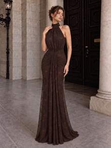 VIPGIRL Brown Lace Evening Dress Halter High Neck Ruched Waist Drape Backless Bodycon Mermaid Floor Length Prom Party Formal Gala Wedding Guest Maxi Dress - Coffee Brown - View 4