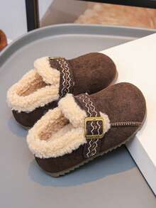 Children's Autumn/Winter Embroidered Buckle Fuzzy Shoes, Plush Trim Soft Sole Anti-Slip Warm Baby Girls' Shoes - Brown - View 5