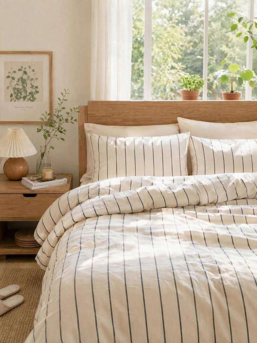 Haus Hana 3pcs Vintage Boho Stripe Duvet Cover Set – 100% Polyester Soft Breathable Bedding, Minimalist All-Season, Machine Washable (1 Cover + 2 Pillowcases, No Fitted Sheet/Insert) - sunset - View 1