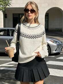 Fair Isle Pattern Knit Sweater, Crew Neck, Long Sleeves, Ribbed Trim, Regular Fit, White Cozy Winter Outfits Essential, Casual Vintage Pullover - White - View 1