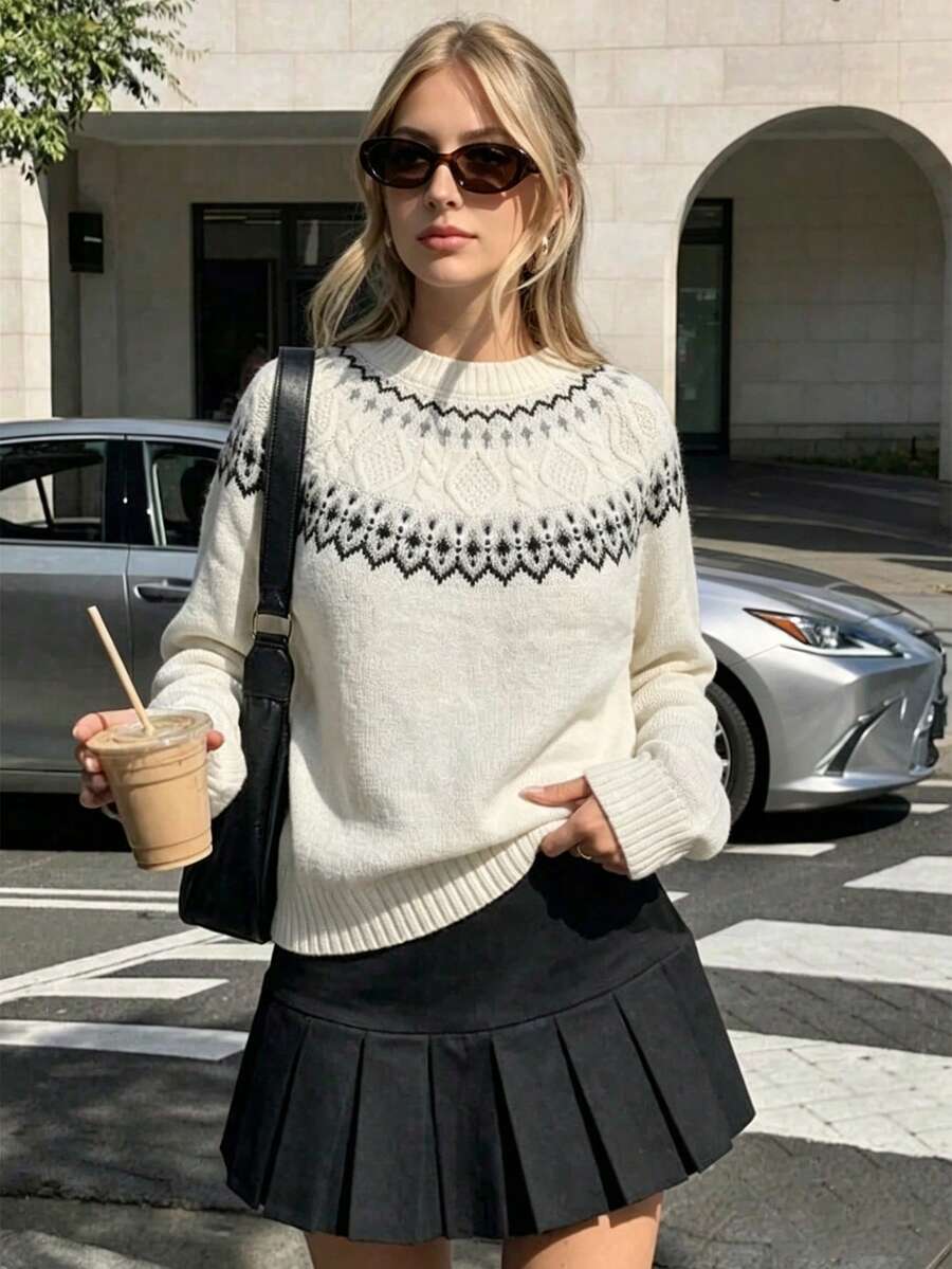 Fair Isle Pattern Knit Sweater, Crew Neck, Long Sleeves, Ribbed Trim, Regular Fit, White Cozy Winter Outfits Essential, Casual Vintage Pullover - White - View 1