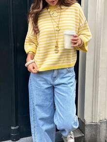 Women's New Autumn Colorblock Striped Knit Top, Casual Daily Commute College Style - Yellow and White - View 2