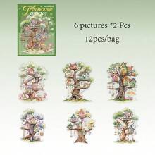 12pcs Creative Forest Library Theme Stickers, Vibrant Colors & Exquisite Illustrations, Multi-Functional Scrapbook Stickers For Decorating Art Journals, Card Making, Handmade Art DIY Stickers, Holiday Gift - Sticker - View 12