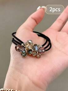 2pcs Butterfly Hair Scrunchies, Crystal Decorated Elastic Hairbands, Sweet Elegant Hair Accessories, Black Rhinestone Ponytail Hair Ties, For Women Daily Wear - Multicolor - View 7