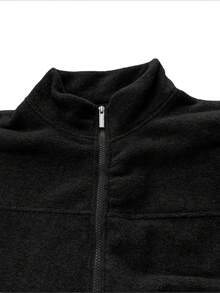 Men's Autumn/Winter Fleece Casual Jacket, Stand Collar Fleece Outerwear With Zipper Pockets, Suitable For Outdoor And Daily Wear - Black - View 3