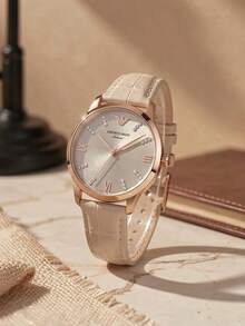 Armani Exchange Emporio Armani Women's Quartz Watch, Light Silver Dial With Rhinestone Decor And Roman Numerals, Soft Apricot Embossed Leather Strap, Elegant Luxury Style, Gift For Girlfriend - One Size - View 1
