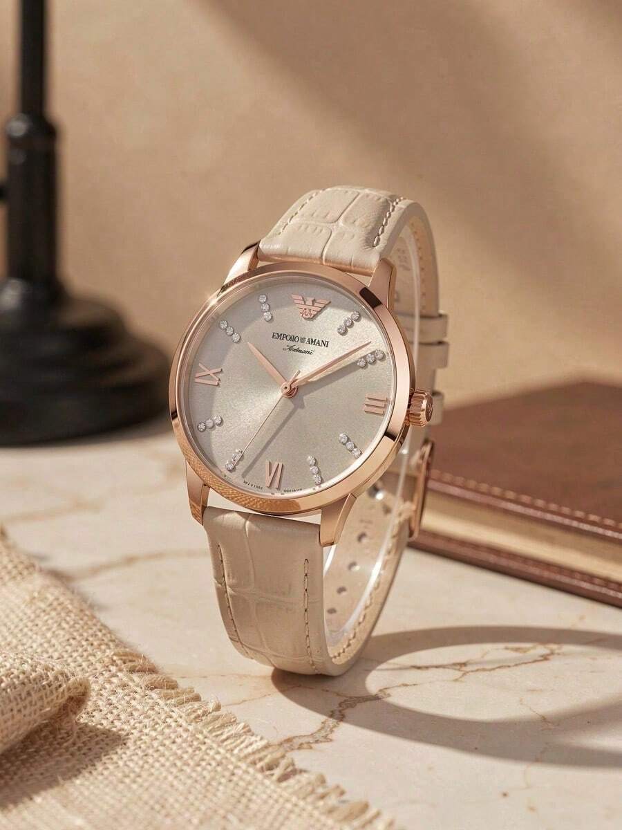 Armani Exchange Emporio Armani Women's Quartz Watch, Light Silver Dial With Rhinestone Decor And Roman Numerals, Soft Apricot Embossed Leather Strap, Elegant Luxury Style, Gift For Girlfriend - One Size - View 1
