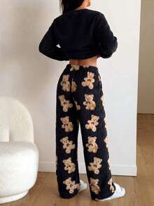 Women's 2-Piece Pajama Set, Autumn Plush Teddy Bear Embroidered Long Sleeve Fleece Top + Printed Flannel Long Pants Loungewear Nightwear Set - Black - View 5