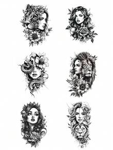 6PCS Black Creative Portrait Snake Lion Floral Pattern Party Gift DIY Holiday Gift Music Festival Temporary Waterproof Tattoo Stickers For Arm Shoulder Back Waist Abdomen Leg - Black - View 8
