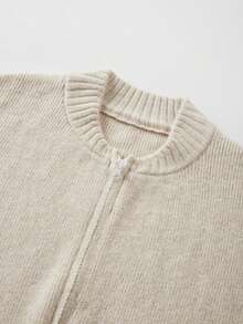 Plus Size Spring/Autumn New Solid Color Round Neck Zip-Up Knit Cardigan For Women, Loose Slouchy Korean Style Elegant Casual Top, Summer Top Fall - Apricot - View 8