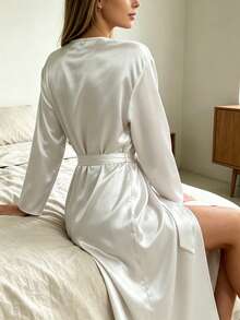 1pc Women's Elegant Spring/Summer Soft Silky Solid Color Silk Pajamas Loose Long Sleeve Robe Cool Home Wear Suitable For Home Use Bathrobe - White - View 6
