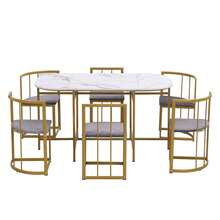Flieks Six-Chair Dining Table Set: (White Table, Chairs With Backrests And Gray Cushions, Black Iron Frame), Dining Room Table And Chair Set, Modern Dining Table Combination - Gold - View 9