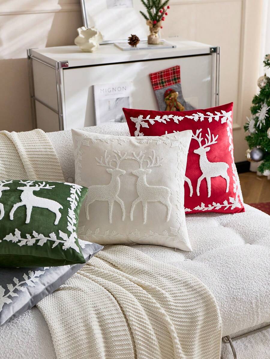1件米色馴鹿刺繡枕套，適合室內裝飾、聖誕裝飾，四季通用枕套，不含枕芯