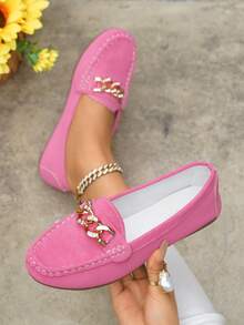 Women's Spring New Gold Chain Elegant Slip-On Loafers, Lightweight Comfortable Versatile Rubber Flat Shoes - Pink-chain - View 5