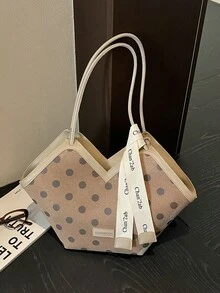 大容量托特包，可裝書籍與必需品，復古法式風格，雙細肩帶可肩背，適合學生、日常通勤、購物與旅行，波點腋下大包，溫柔氛圍手提包，極簡百搭單肩包，復古女孩旅行包 - 卡其色 - 查看 5