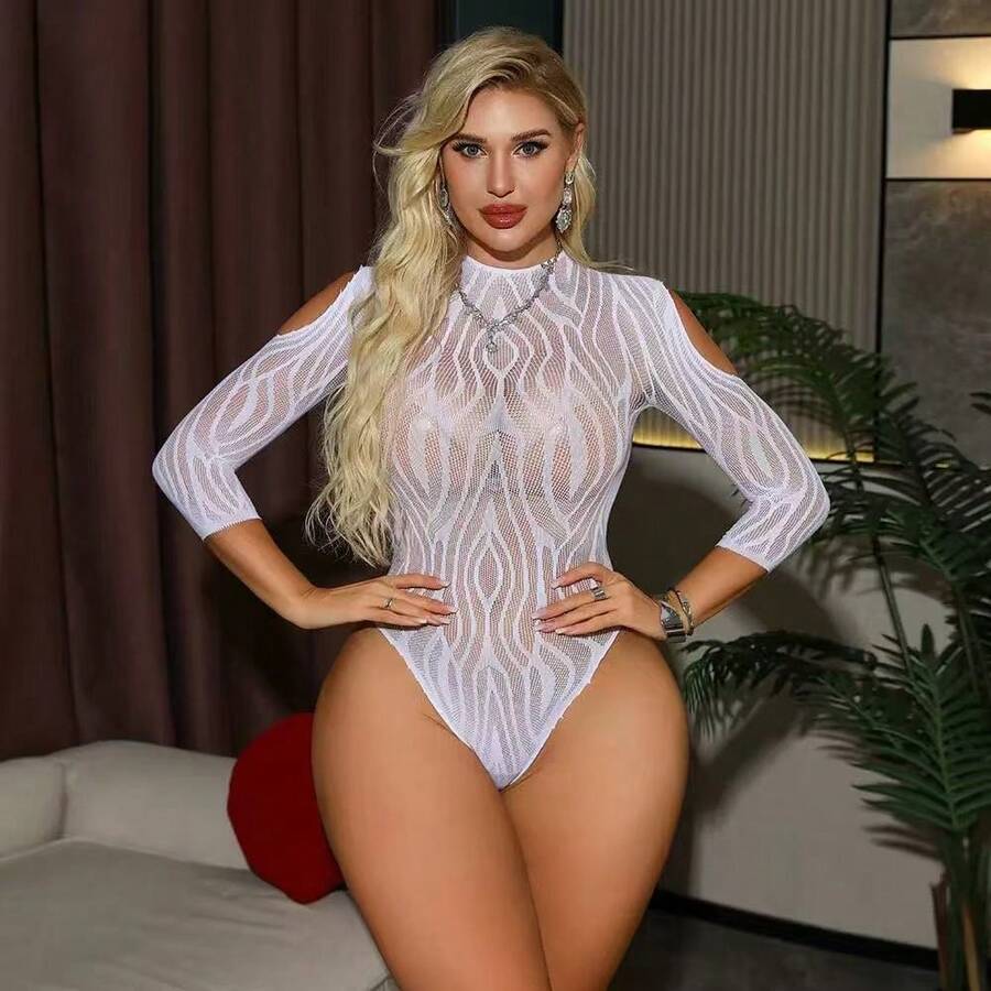 White Silk Bikini Bodysuit, Lingerie, Long-Sleeved Mesh Top, Bodycon Skirt, Tight Mesh Top - White - View 1