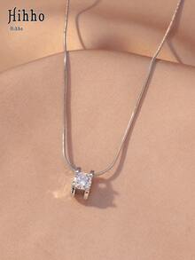 Hihho 1pc Premium Minimalist Single H-Shaped Pendant Necklace, Classic 4-Prong Setting, Sparkling Transparent Snake Chain, Flexible And Smooth Fit To Neckline, Versatile Style For Commute, Date, Party, Can Be Worn Alone Or Layered - H-type - View 2