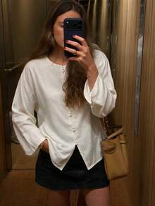 女款白色亞麻混紡圓領包鈕扣雙排扣前襟長袖襯衫，開衩下擺寬鬆版型休閒日常通勤穿搭 - 白色 - 查看 6