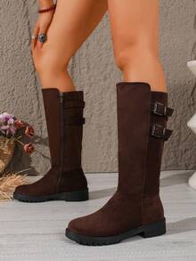 Women's Round Toe Elastic High Shaft Slim Fit Boots, V-Cut Flat High Shaft Boots, Versatile For Autumn/Winter, Suitable For Daily Commute - Coffee Brown - View 3