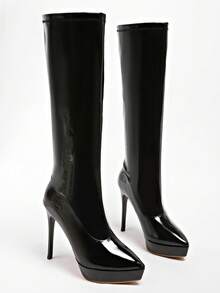 Women's Tall Boots, European And American Style New Leather Pointed Toe High Heel Long Boots, Stiletto Heel Riding Boots, Winter - Black - View 5