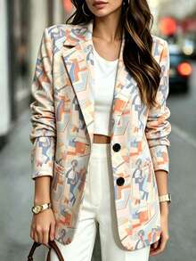 Women Long Sleeve Geometric Lapel Blazer, Open Front Jacket With Side Pockets, Chic Commuter Outerwear For Office & Daily, Spring Summer Autumn Winter - Orange - View 1