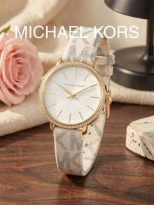 MICHAEL KORS MK1037 Pyper Series Women's Quartz Watch, Gold Case With Rhinestone Bezel, White Dial, MK Logo Print Strap, Two-Hand Minimalist Luxury Women's Watch - White - View 3
