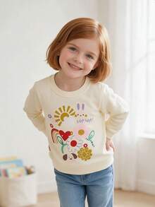 Girls Round Neck Long Sleeve Sweatshirt Rabbit Puppy Rainbow Flower Sun Print Loose Casual Pullover Sweatshirt For Toddlers And Young Children - Apricot - View 1
