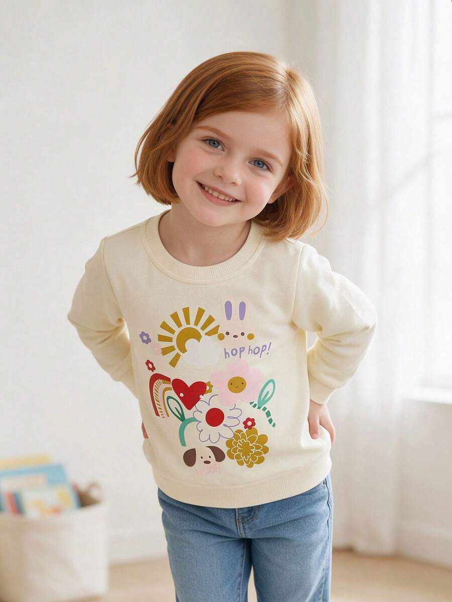 Girls Round Neck Long Sleeve Sweatshirt Rabbit Puppy Rainbow Flower Sun Print Loose Casual Pullover Sweatshirt For Toddlers And Young Children - Apricot - View 1
