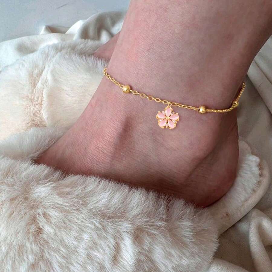 1pc Classic Simple Five-Petal Flower Pendant Golden Stainless Steel Bead Chain Anklets For Women - Flower - View 1