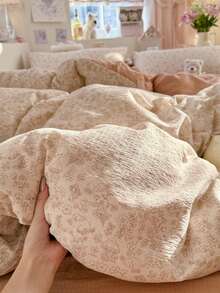 Vintage Brown Floral Pattern Duvet Cover Set, Cute Rabbit Design, Comfortable And Elegant Bedroom Bedding, 100% Polyester, With Hidden Zipper Design, Suitable For Daily Use And Ramadan Festival Bedding, No Filling Included - Camel - View 4