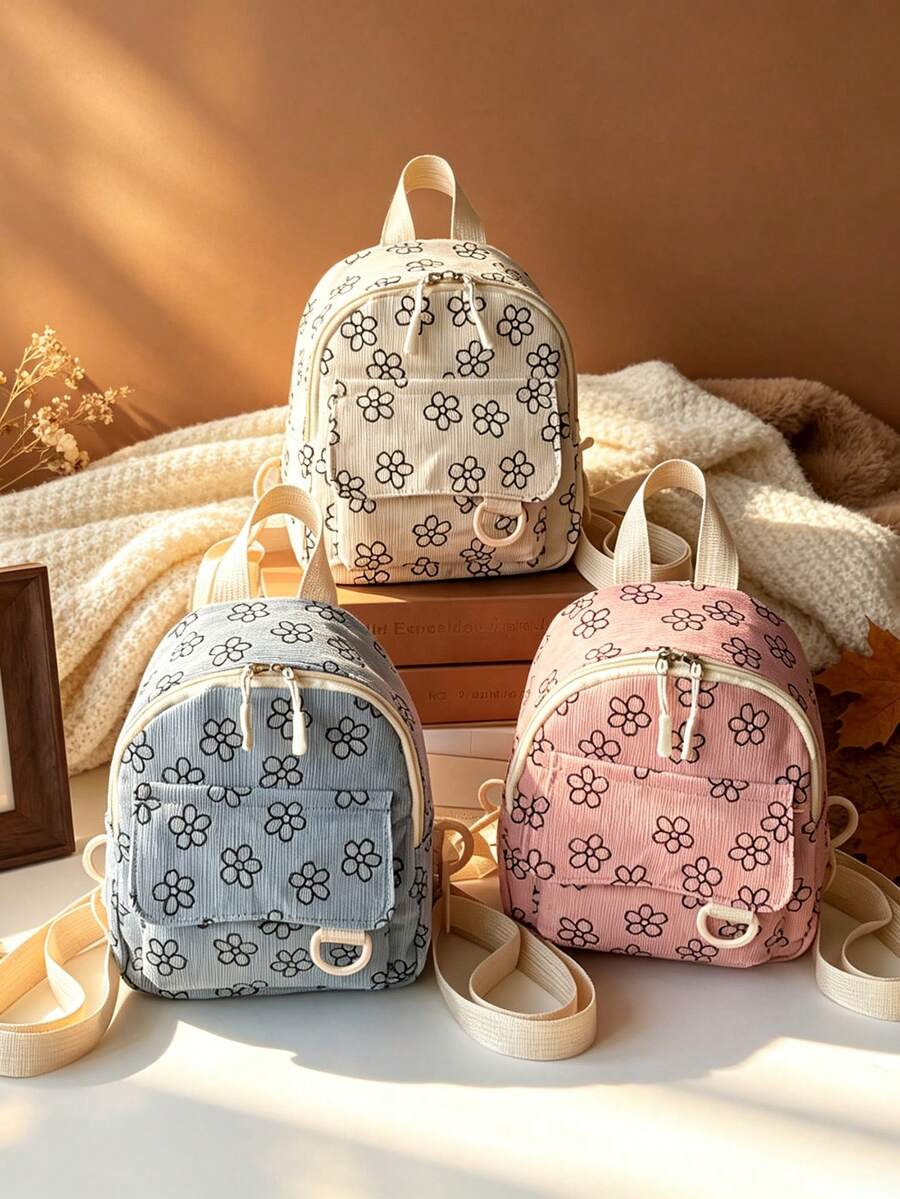 1PC New Corduroy Mini Backpack, Casual Minimalist Elegant, Zipper Design, Adjustable Shoulder Straps, Suitable For School, Daily Outings, Travel, Can Easily Hold Daily Essentials, Versatile Item For Girls, Suitable For Various Styles And Occasions - Multicolor - View 1