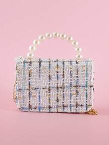 1pc Mini Kids Beaded Handbag With Pearl Trim And Bow Decor, Striped PU Material, Flap Closure, Fashionable One Shoulder Crossbody Bag, Casual Snack Coin Purse For Girls, Suitable For Holidays And Daily Use - White - View 3