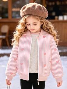 Girls' Casual Fashion Striped Heart Print Zipper Baseball Collar Long Sleeve Fleece Lined Jacket, Autumn/Winter - Pink - View 1