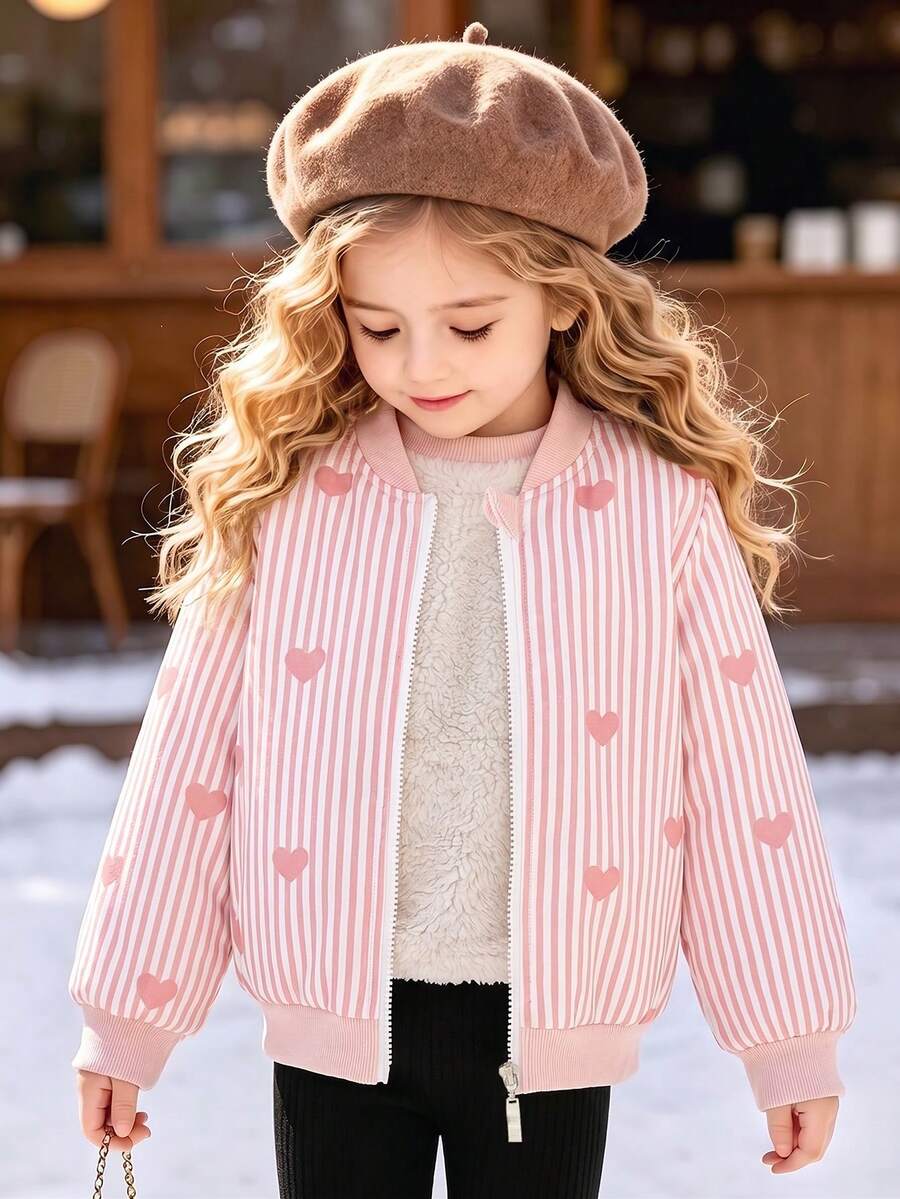 Girls' Casual Fashion Striped Heart Print Zipper Baseball Collar Long Sleeve Fleece Lined Jacket, Autumn/Winter - Pink - View 1