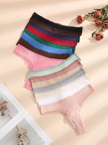 9pcs Random Color Low Waist Lace Patchwork Bow Ribbed Sexy Women Thong Panties Elastic Soft Comfortable Women Underwear - Multicolor - View 6