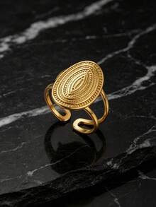 SEEKGLEE 1pc Golden Oval Textured Open Ring, Bohemian Style Stainless Steel Adjustable Finger Ring For Women - Yellow Gold - View 5