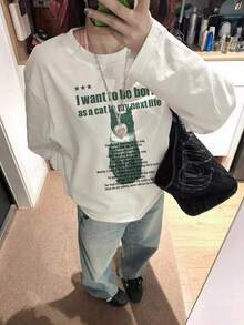 Niche Personalized Cat English Quote Print Long Sleeve T-Shirt, Minimalist All-Match White Stretch Slim Fit Versatile Autumn Base Layer - White - View 5
